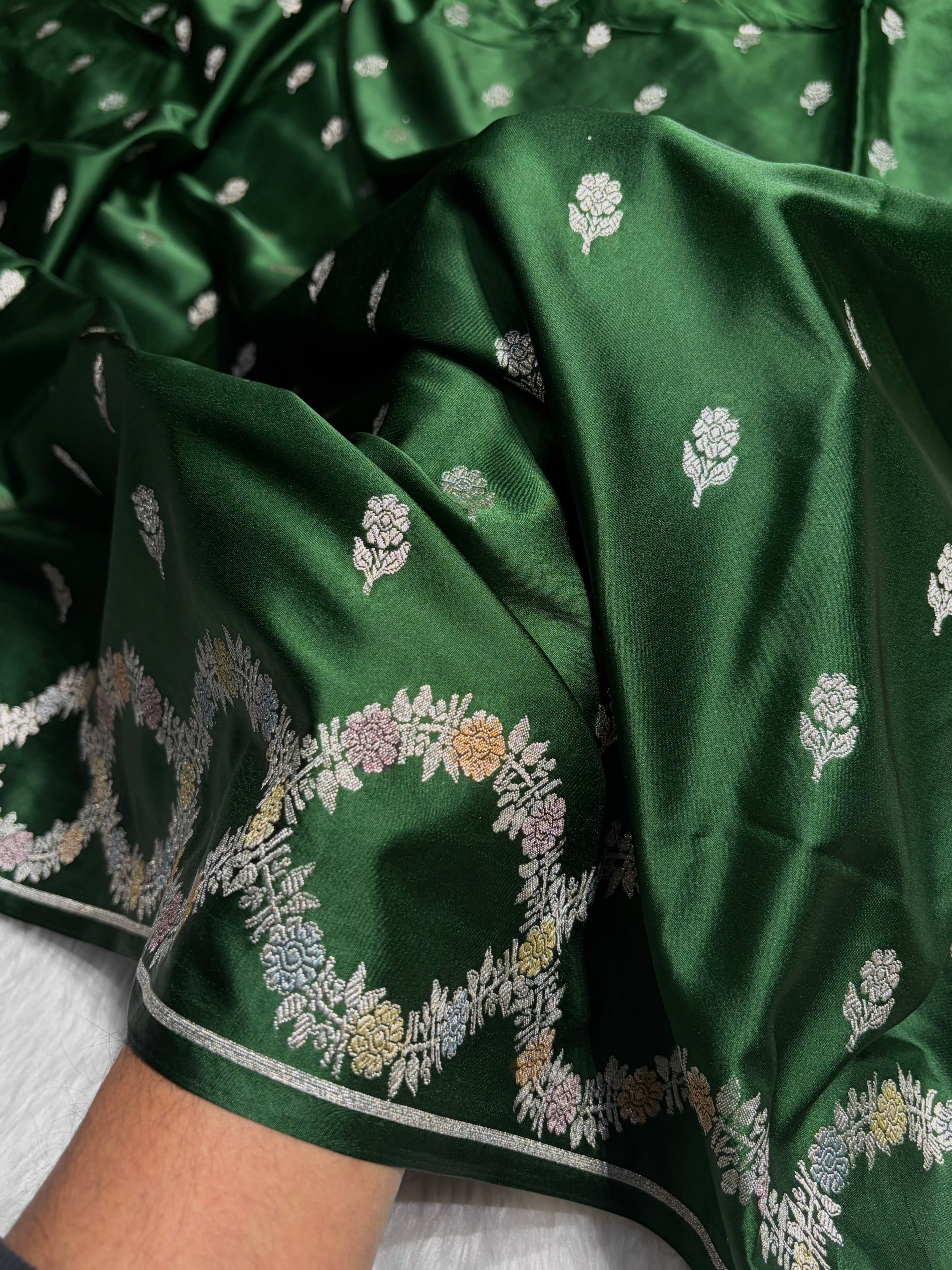Bottle Green Minakari Scallop Floral Booti Mashru Silk Saree MS46