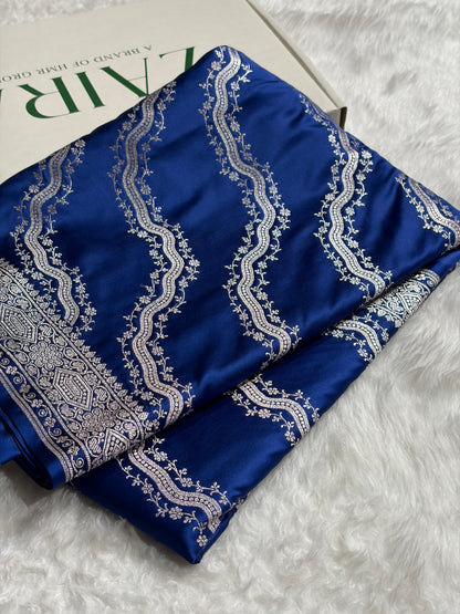 Banarasi Cross Pattern in Royal Blue Shades Floral Mashru Silk Saree MS93
