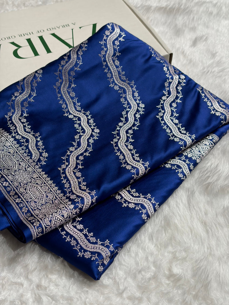 Banarasi Cross Pattern in Royal Blue Shades Floral Mashru Silk Saree MS93