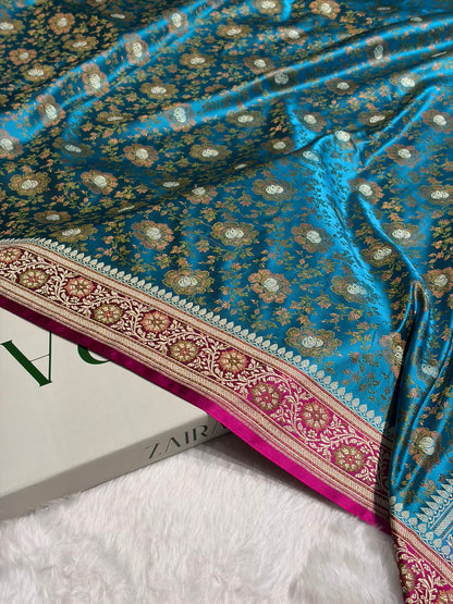 Firozi  - Rani Contrast Jamawar Tanchoi Jaal Katan Silk Saree SKTM-21