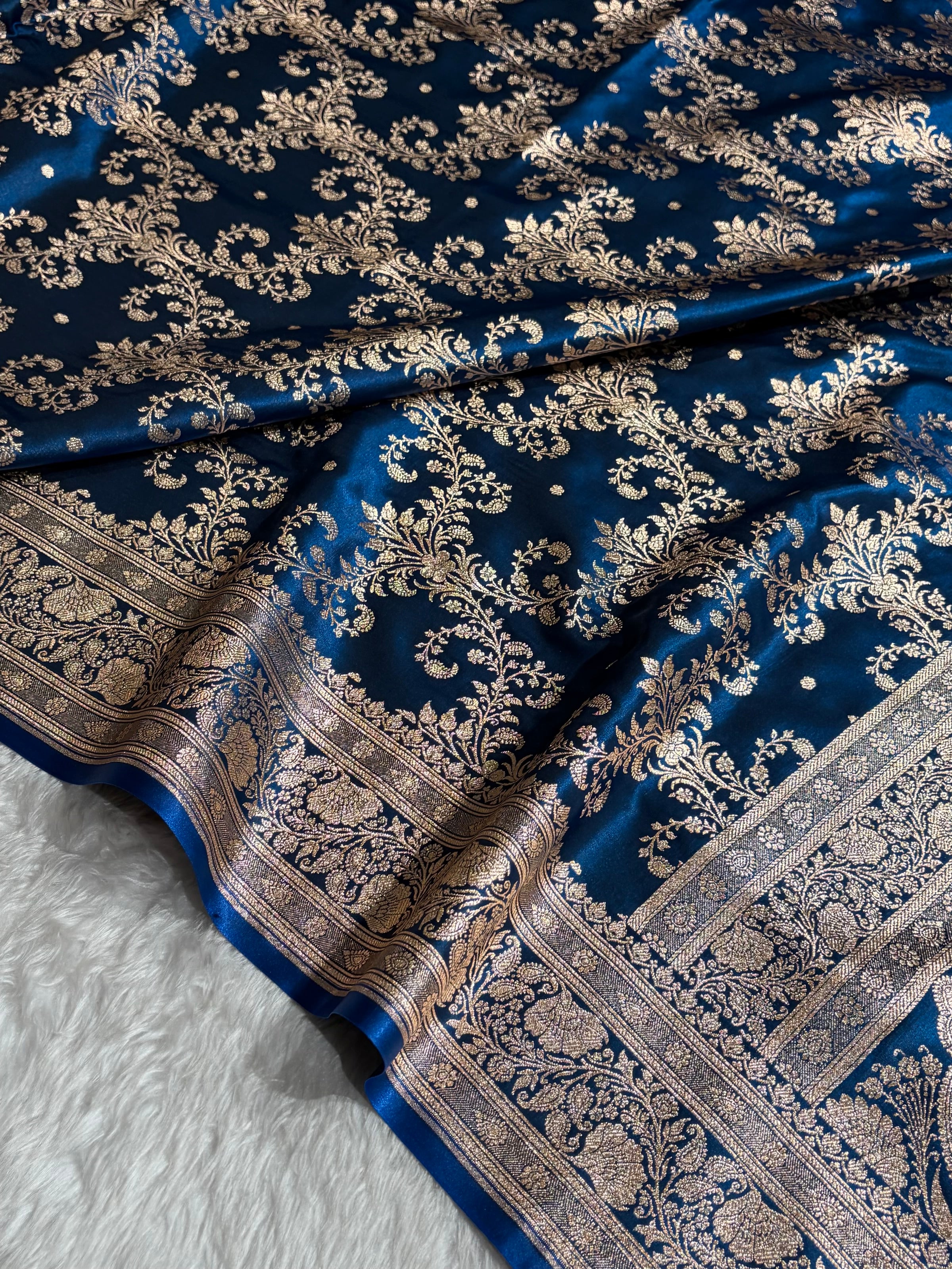 German Blue Shades Jaal Pattern Banarasi Satin Silk Saree SS49