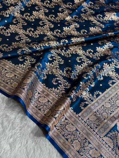 German Blue Shades Jaal Pattern Banarasi Satin Silk Saree SS49