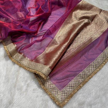 Semi Pure Tissue Silk Saree with Heavy Gotta Patti in Reddish Magenta Shades TGP10