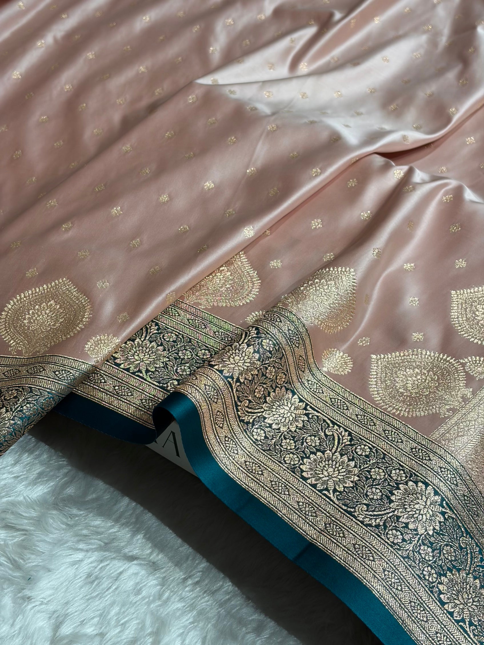 Banarasi Rose Gold with Rama Booti Satin Katan Silk saree SK29