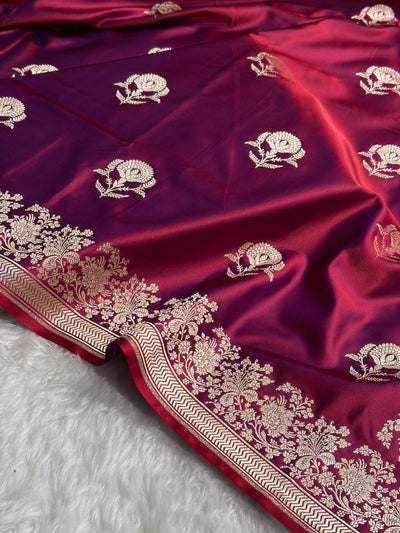 Reddish Magenta Shades Banarasi With Floral Border Mashru Silk Saree MSM-113