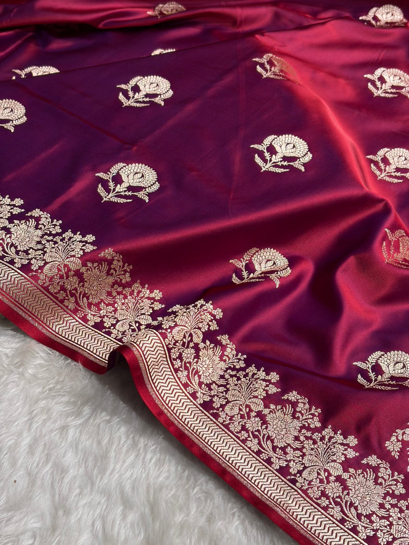 Reddish Magenta Shades Banarasi With Floral Border Mashru Silk Saree MSM-125