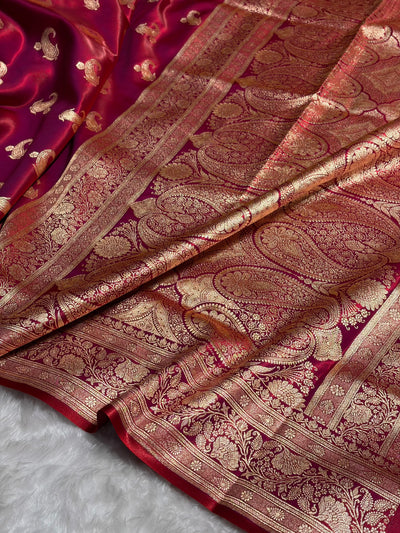 Satin Silk Saree Floral Boota in Reddish Magenta Shades SS27