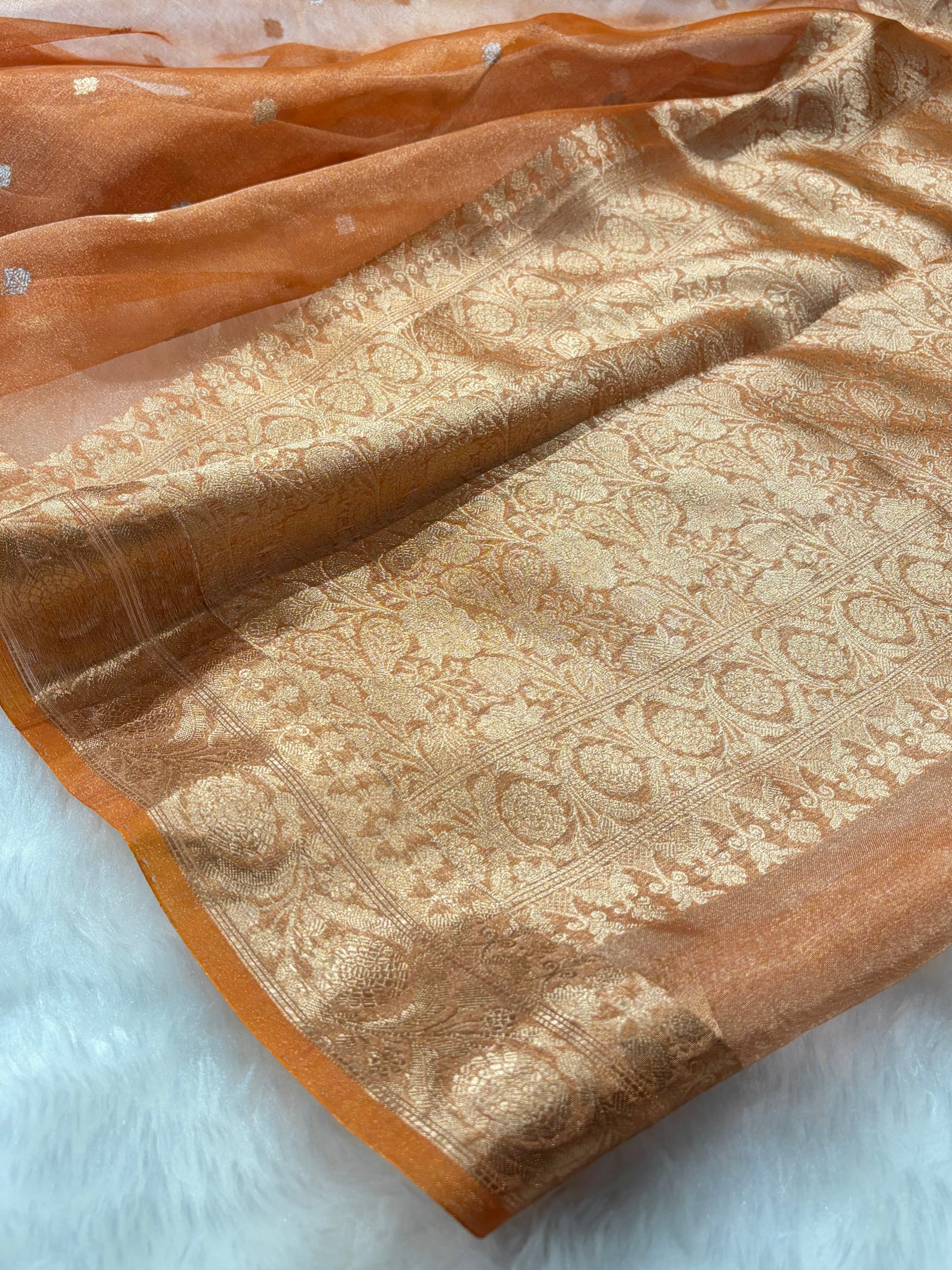 Orange Bananasi Floral Shades Pure Tissue Silk Saree PT-34