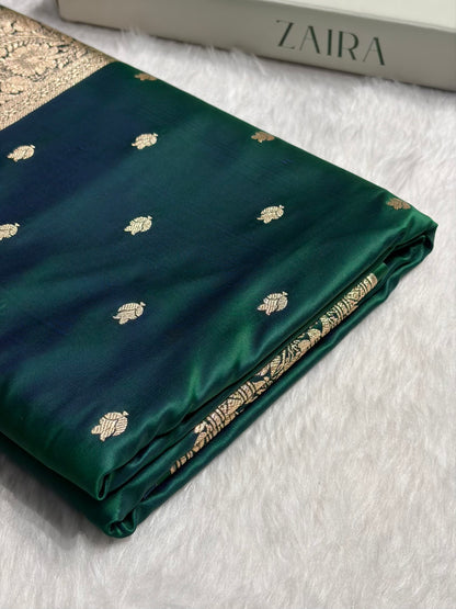 Cross Green Floral Cross Pattern Satin Katan Silk Saree SK75