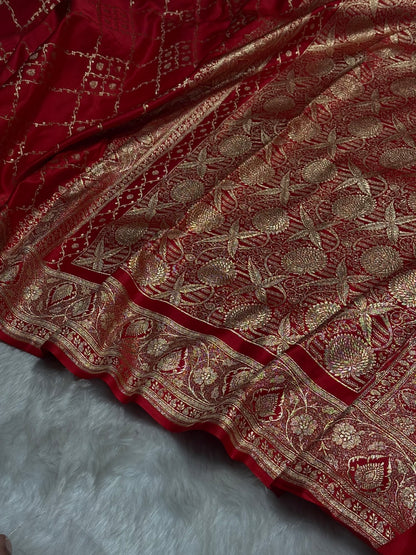 Red Jaal Satin Katan Silk Saree SK21