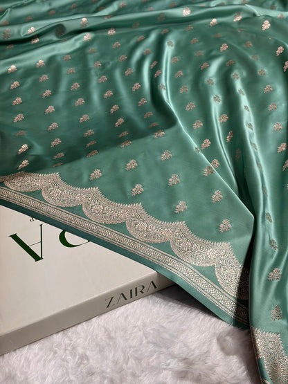 Sea Green Scallop Booti Mashru Silk Banarasi Saree MSM-35