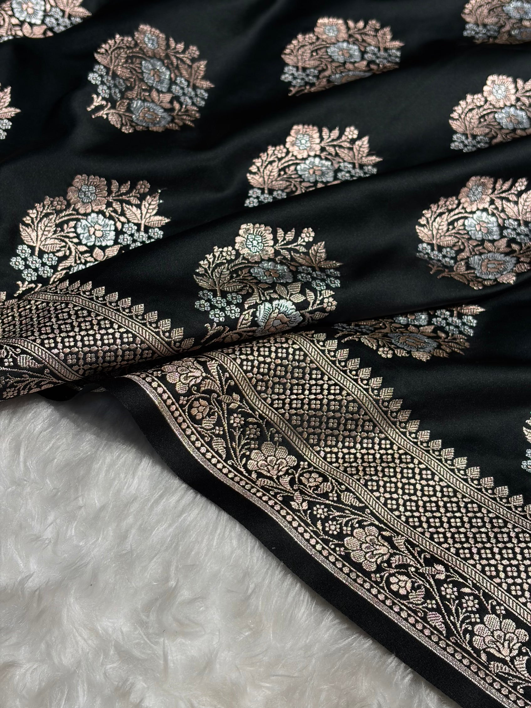Premium Banarasi Satin Katan Saree With Minakari Boota in Black Shades SK93