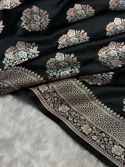 Premium Banarasi Satin Katan Saree With Minakari Boota in Black Shades SK93