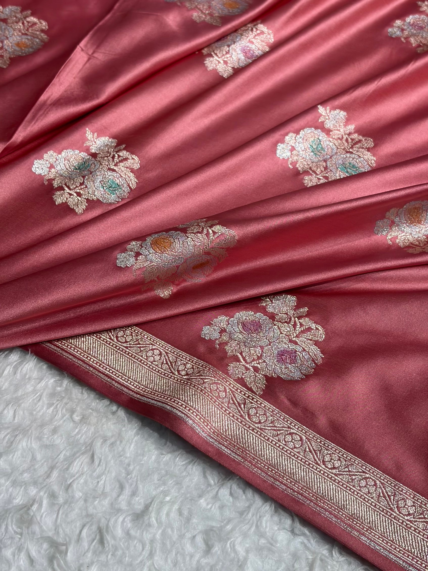 Peach Shades Sona Rupa Floral Minakari Motif Mashru Silk Saree MCS50
