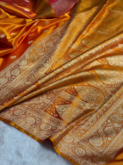 Fire Gold Floral Boota Pattern Satin Katan Silk Saree SK71