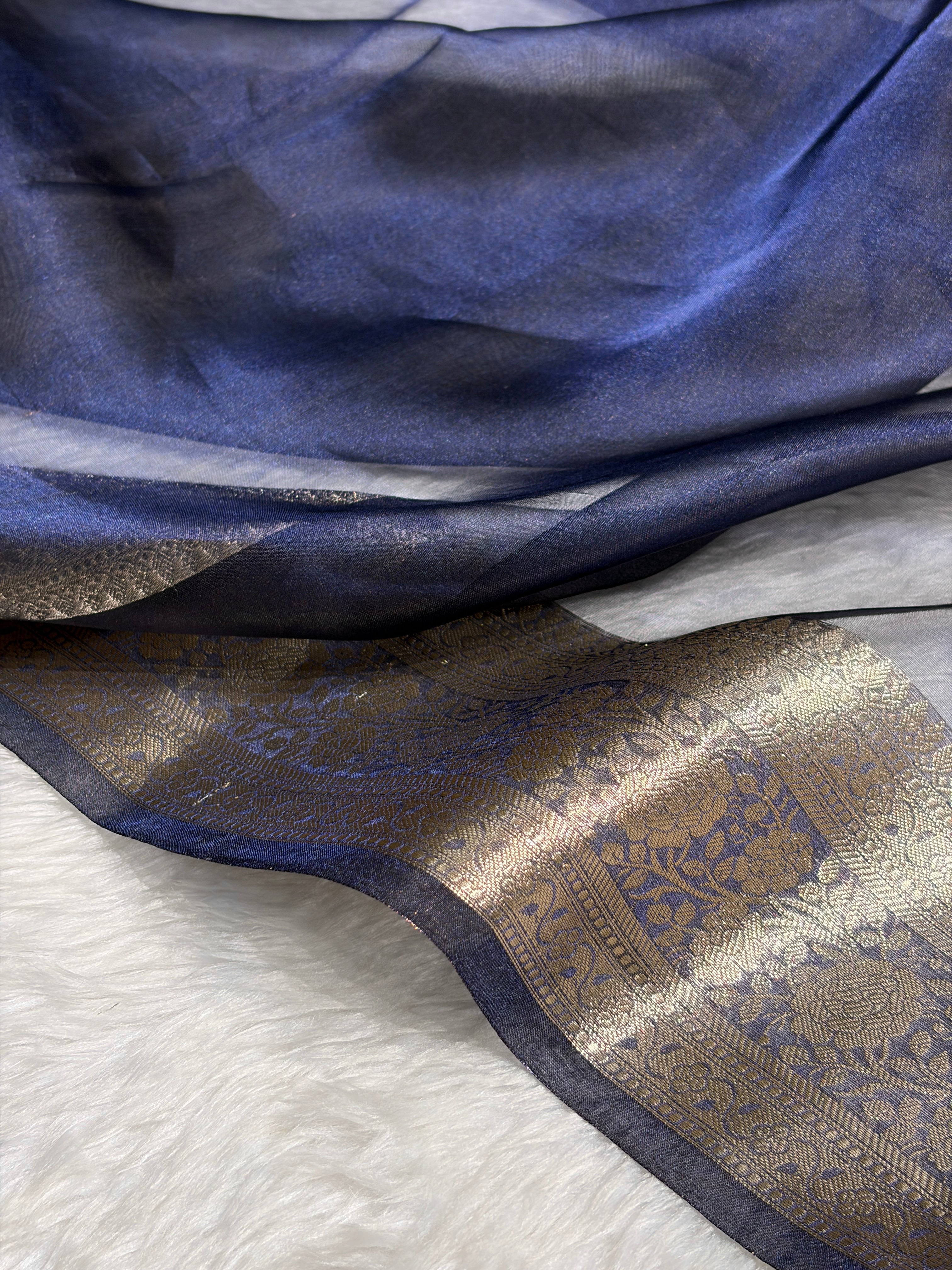 Navy Blue Shades Pure Tissue Silk Saree with Brocade Blouse PT-08