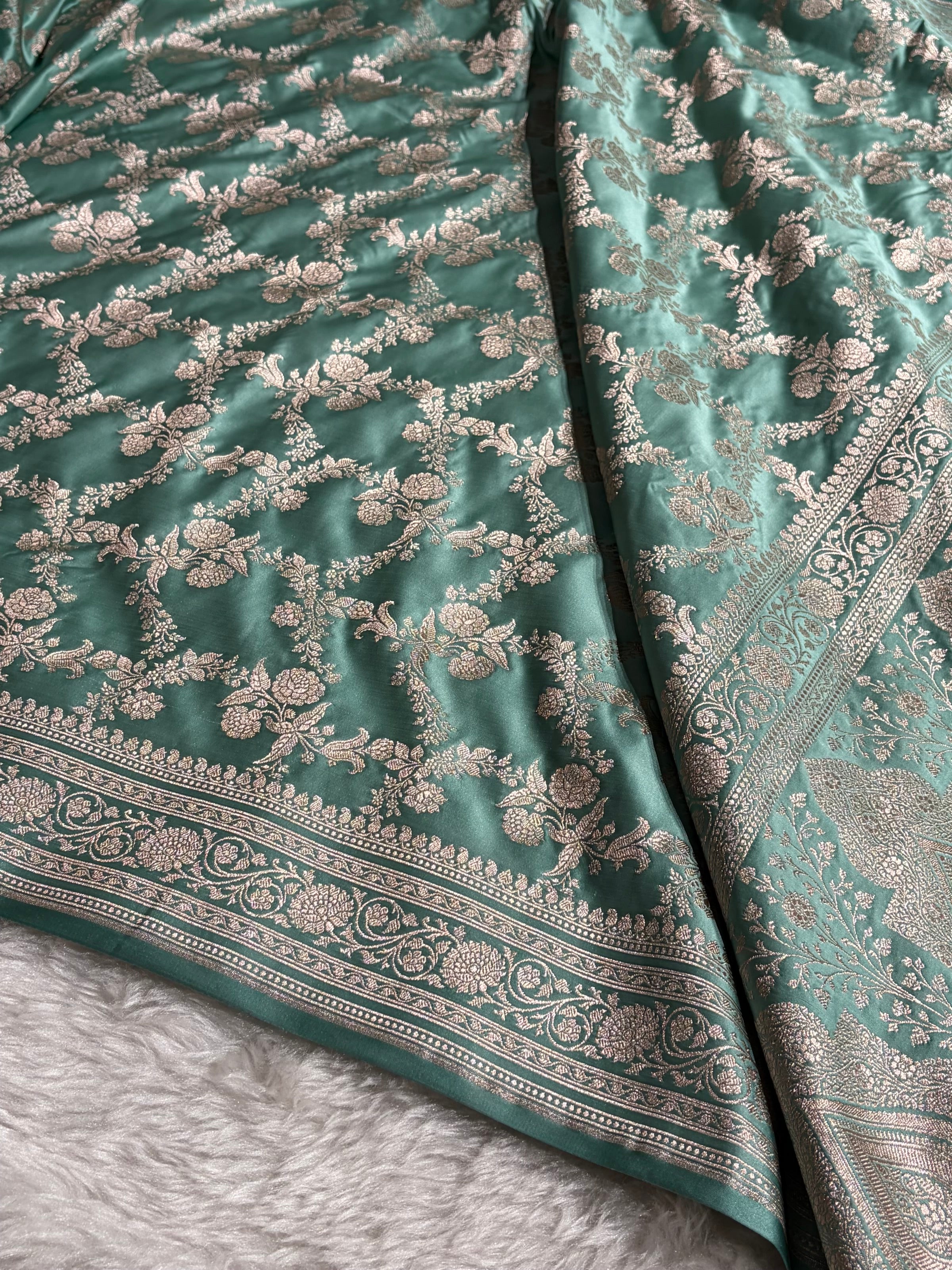 Sea Green Banarasi With Floral Jaal Pattern Mashru Silk Saree MSM-130