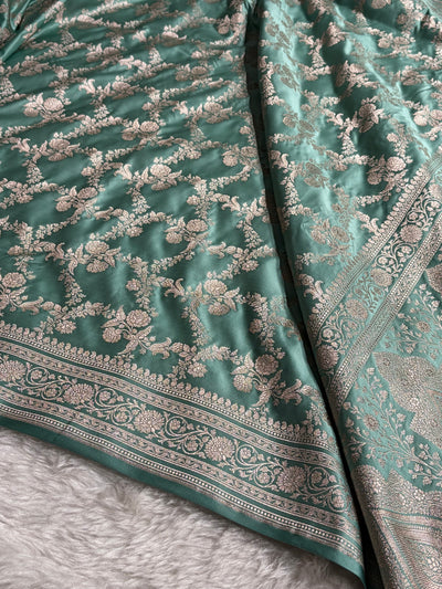 Sea Green Banarasi With Floral Jaal Pattern Mashru Silk Saree MSM-130