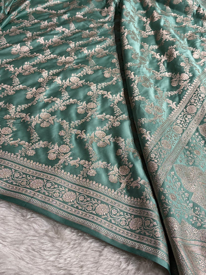 Sea Green Banarasi With Floral Jaal Pattern Mashru Silk Saree MSM-130
