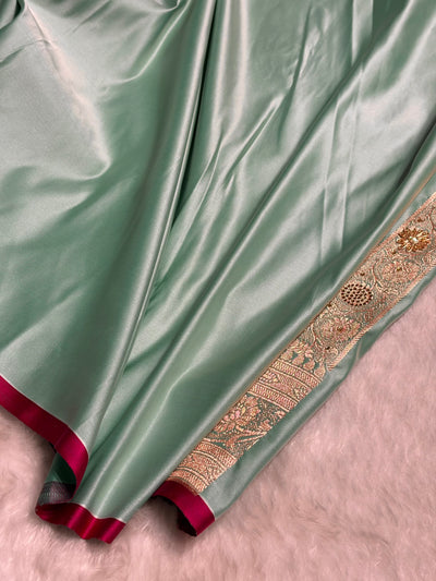 Sea Green Swavroski & Zardozi Work With Gotta Patti Jaal Pattern Satin Katan Silk Saree BSKGP25