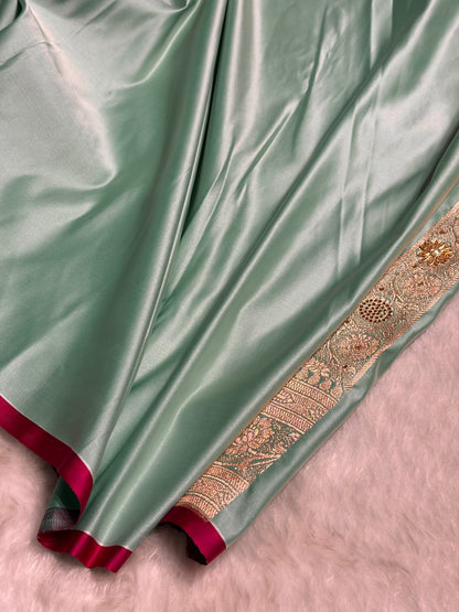 Sea Green Swavroski & Zardozi Work With Gotta Patti Jaal Pattern Satin Katan Silk Saree BSKGP25