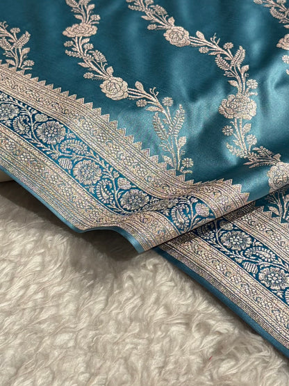 Powder Blue Shades Minakari Border Mashru Silk Saree With Cross Pattern MS03