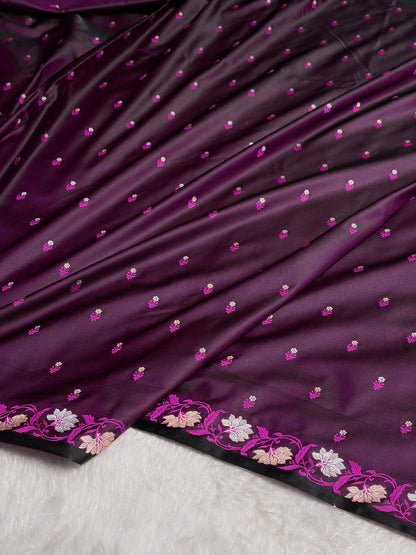 Wine Floral Boota With Floral Border Mashru Silk Saree MSM 78