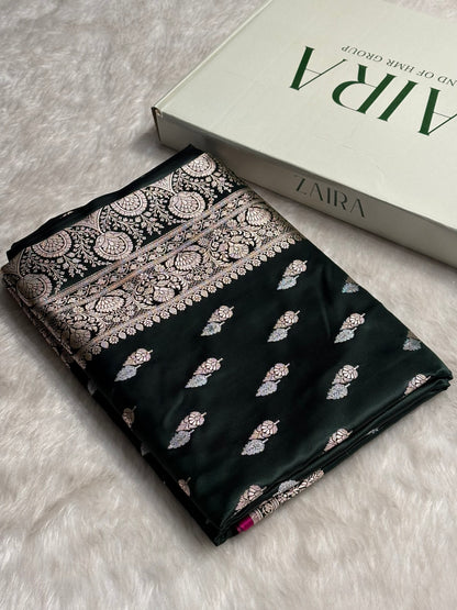 Dark Bottle Green Shades Floral Booti Mashru Silk Saree MSM-69