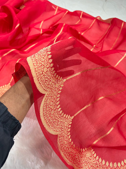 Banarasi Pure Organza Red Shades With Scallop Stripe Banarasi Silk Saree PO-33
