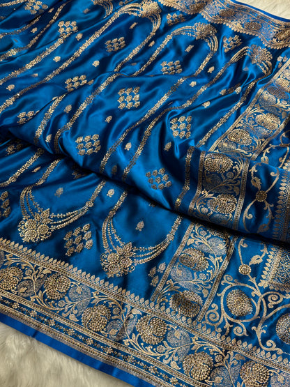 Dusty Blue Floral Boota Pattern With Banarasi Swarovski Stone Work Satin Katan Silk saree BSK39