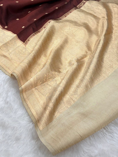 Banarasi Chocolate With Cream Contrast Shades Handwoven Pure Paper Silk Saree RM-89