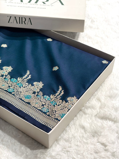 Banarasi Satin Katan Saree Booti Minakari Pattern in German Blue Shades SK136