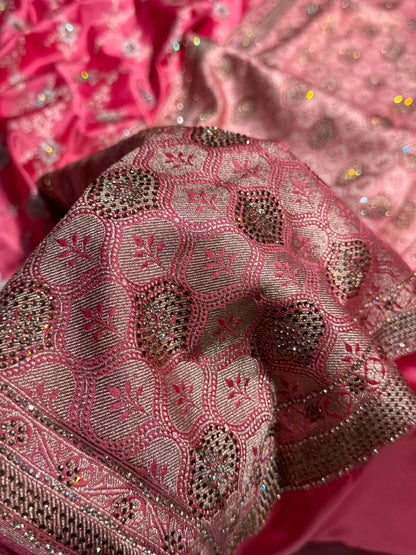 Peach Bananasi Jaal Mashru Silk Saree with Swarovski Work BMCS08