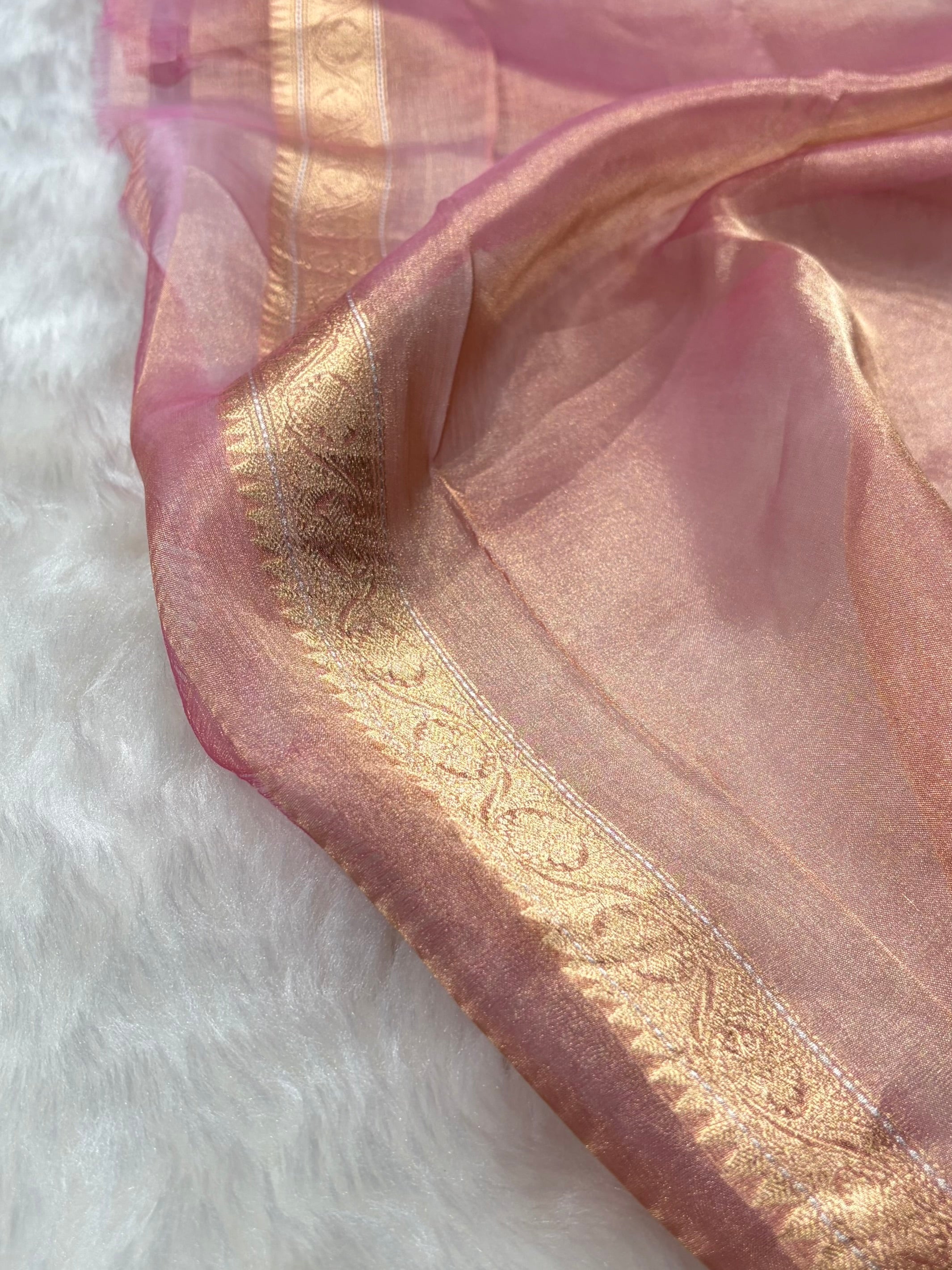 Light Peach Bananasi Floral Shades Pure Tissue Silk Saree PT-50