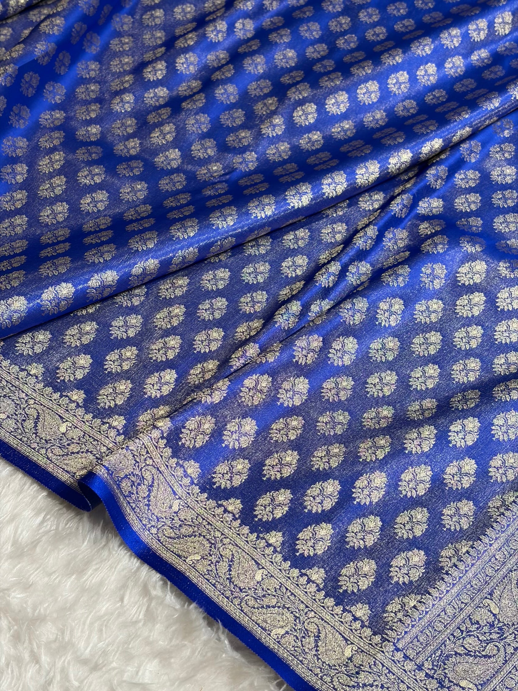 Banarasi Cross Royal Blue Shades Satin Tissue Silk Saree In Booti motif ST01