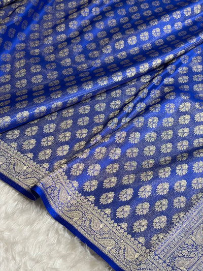 Banarasi Cross Royal Blue Shades Satin Tissue Silk Saree In Booti motif ST01