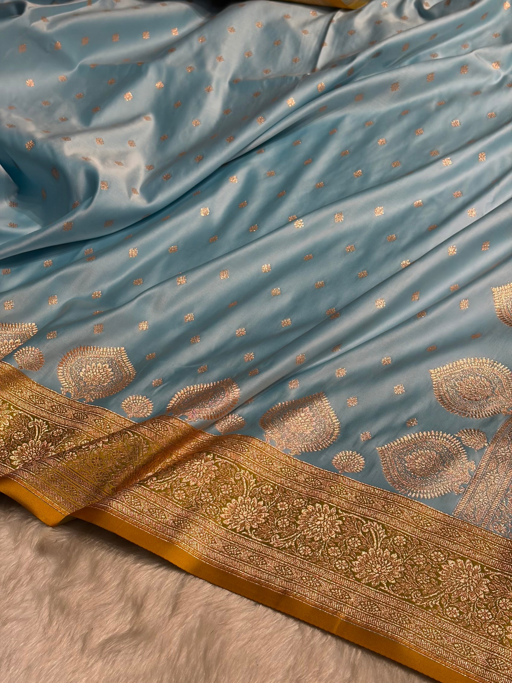 Sky blue with Mustard Booti Satin Katan Silk saree SK29