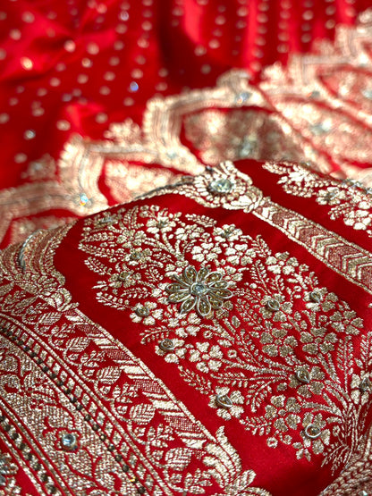 Banarasi Red Katan Silk Saree With Ari Zardozi and Swarovski stone work BSK01