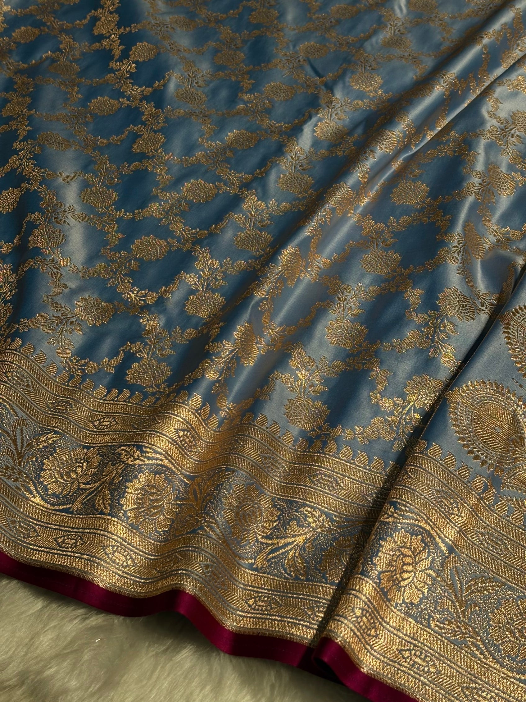 Nile Blue Jaal Pattern Satin Katan Silk Saree SK25