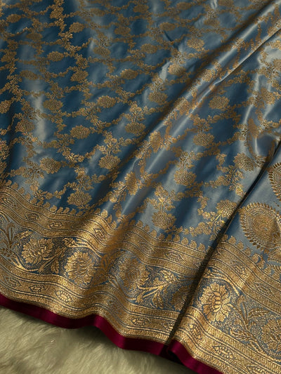 Nile Blue Jaal Pattern Satin Katan Silk Saree SK25