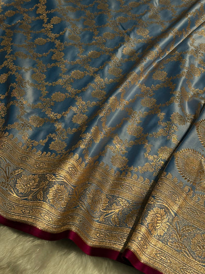Nile Blue Jaal Pattern Satin Katan Silk Saree SK25