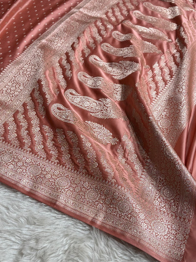 Peach Shades Banarasi With Floral Booti Pattern Mashru Silk Saree MSM-133