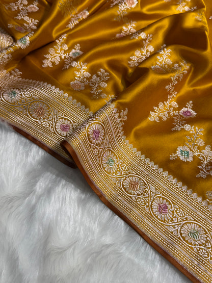 Mustard Minakari Banarasi Cross With Browm edges Mashru Silk Saree MS01