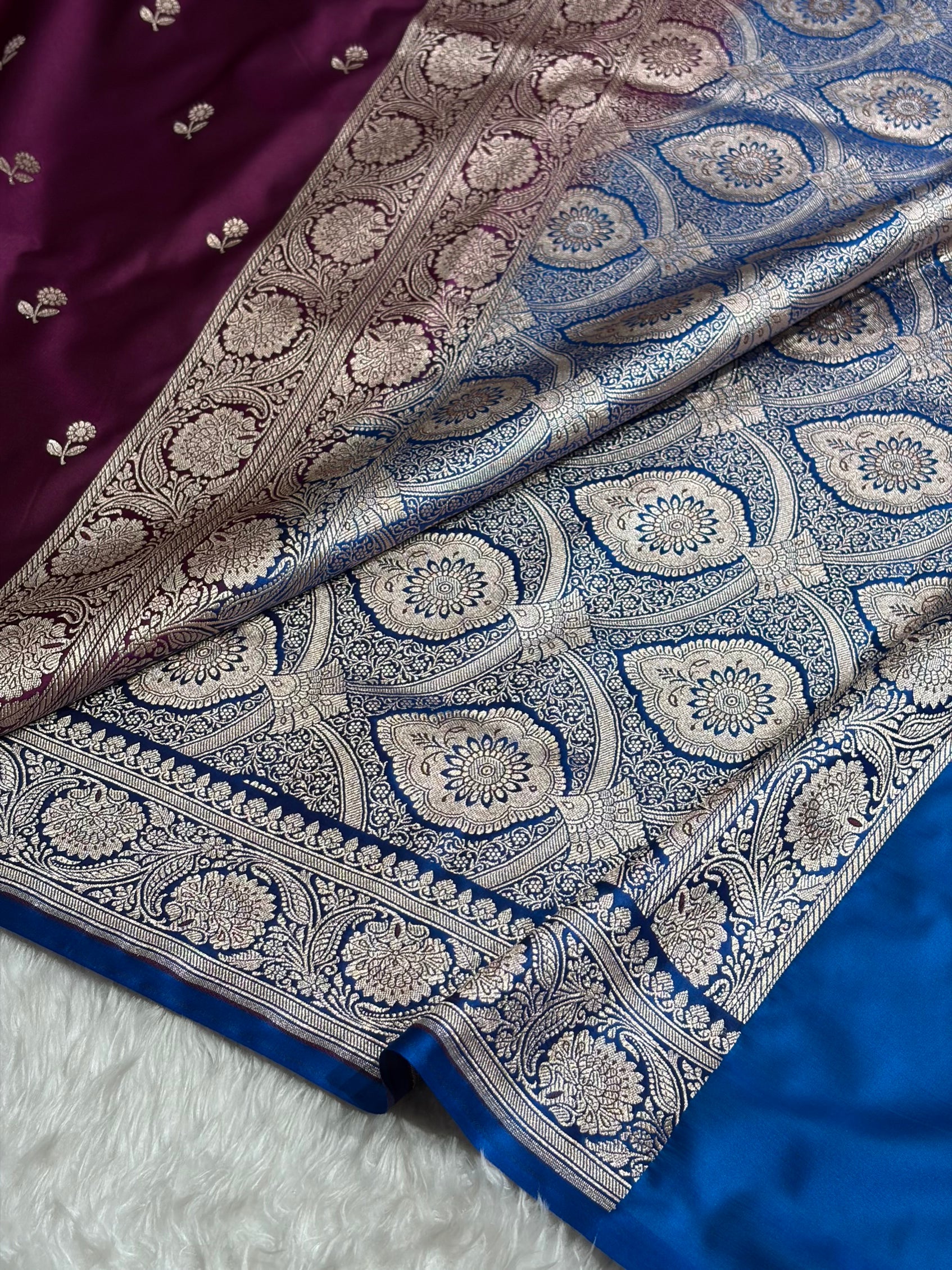 Wine / Royal Blue Shades Banarasi Booti Pattern Mashru Silk Saree MSM-137