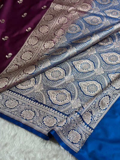 Wine / Royal Blue Shades Banarasi Booti Pattern Mashru Silk Saree MSM-137
