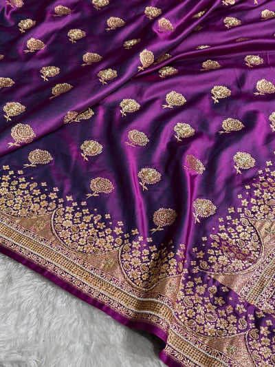 Banarasi Satin Katan Saree With Ari & Zardozi Work Boota in Wine Shades BSK111
