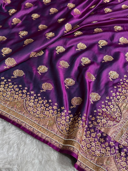 Banarasi Satin Katan Saree With Ari & Zardozi Work Boota in Wine Shades BSK111