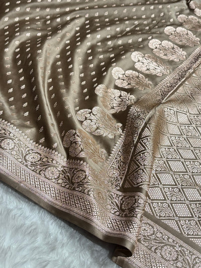 Olive Brown Shades Banarasi With Floral Border Mashru Silk Saree MSM-128