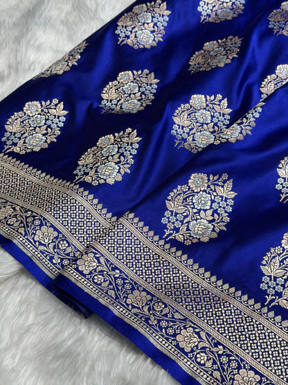 Premium Banarasi Satin Katan Saree With Minakari Boota in Royal Blue Shades SK93
