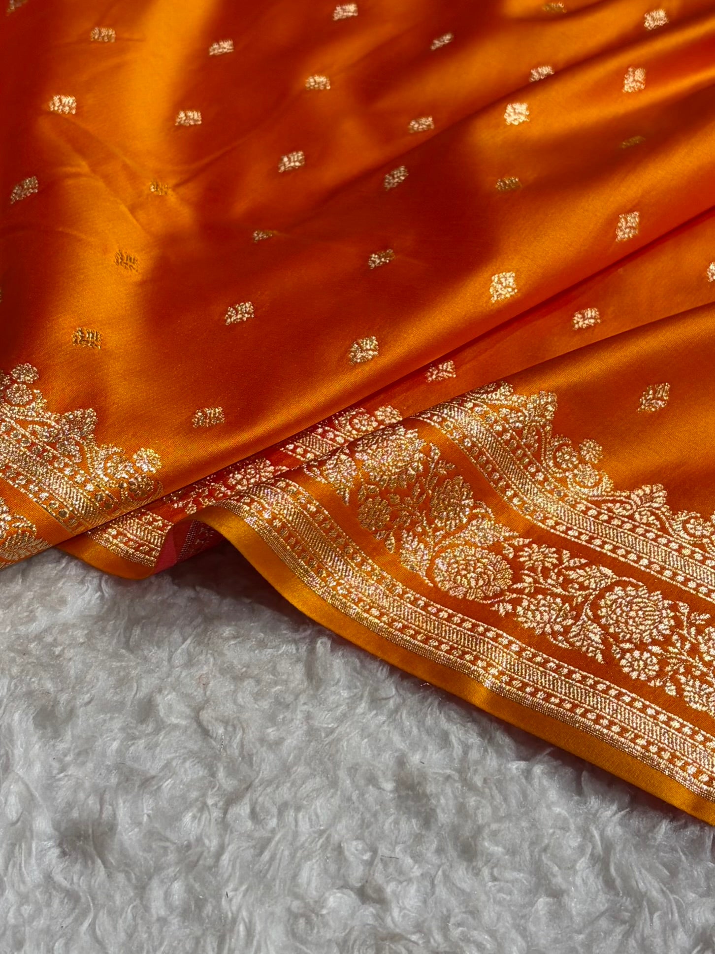 Orange Gold Shades Booti Pattern Satin Katan Silk Saree SK51
